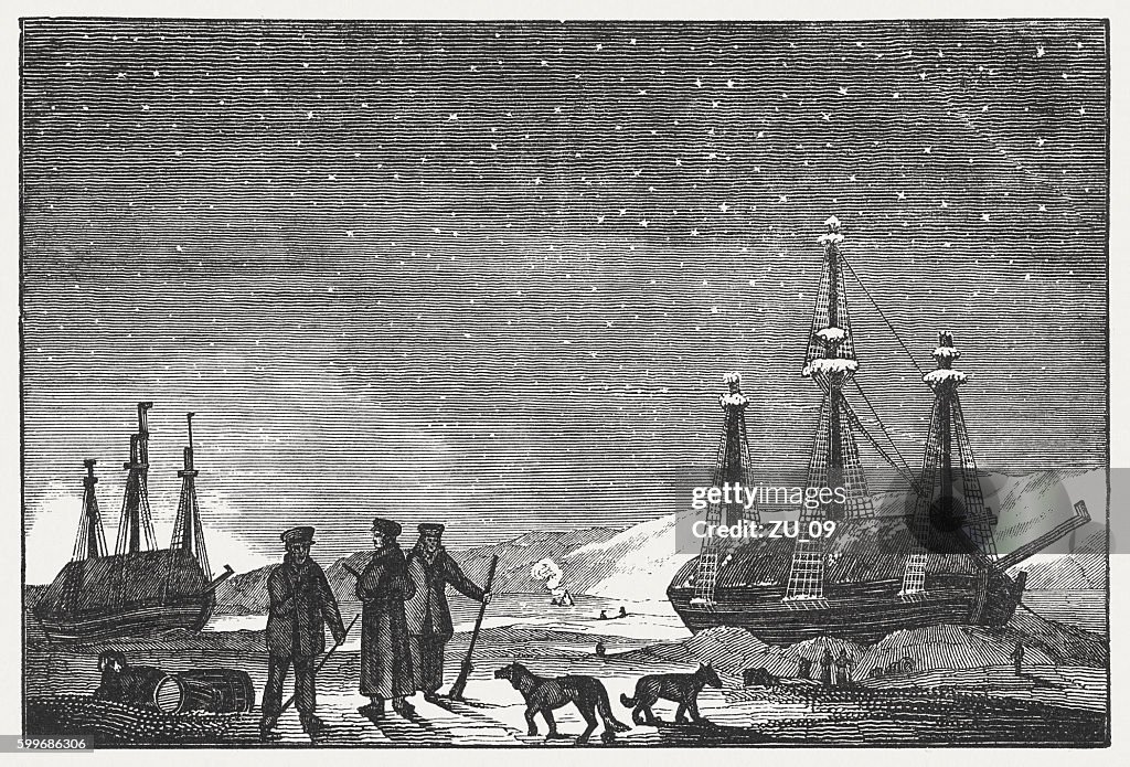 Parry's ships in the Arctic Ocean, wood engraving, published 1855