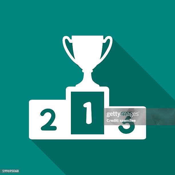 podium mit trophy icon white - siegerpodest stock-grafiken, -clipart, -cartoons und -symbole