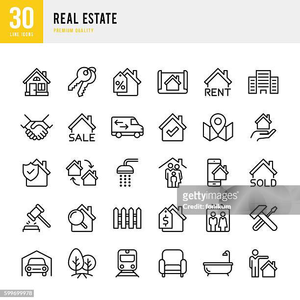 illustrations, cliparts, dessins animés et icônes de immobilier - ensemble d’icônes vectorielles de ligne mince - cloture maison