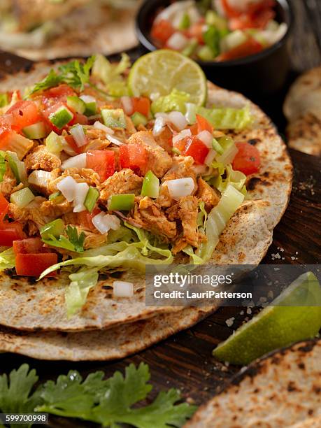 chicken tacos - tortilla dish stock pictures, royalty-free photos & images