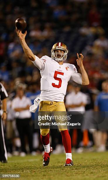 Christian Ponder of the San Francisco 49ers passes during the game against the San Diego Chargers at Qualcomm Stadium on September 1, 2016 in San...
