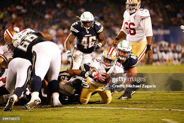 Christian Ponder of the San Francisco 49ers rushes for a 5-yard touchdown during the game against the San Diego Chargers at Qualcomm Stadium on...