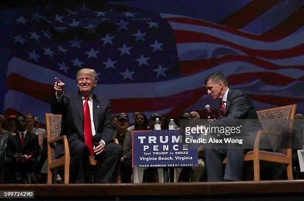 Republican presidential nominee Donald Trump acknowledges the crowd during a campaign event September 6, 2016 in Virginia Beach, Virginia. Trump...