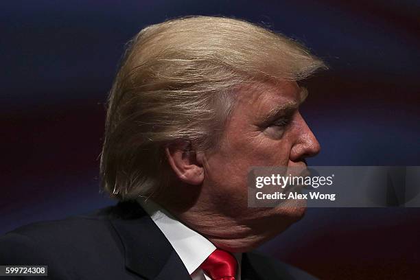 Republican presidential nominee Donald Trump pauses during a campaign event September 6, 2016 in Virginia Beach, Virginia. Trump participated in a...