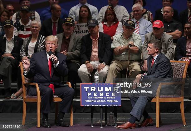 Republican presidential nominee Donald Trump speaks during a campaign event September 6, 2016 in Virginia Beach, Virginia. Trump participated in a...