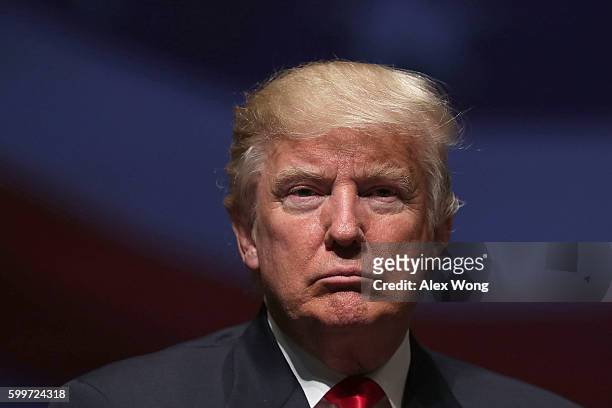 Republican presidential nominee Donald Trump pauses during a campaign event September 6, 2016 in Virginia Beach, Virginia. Trump participated in a...