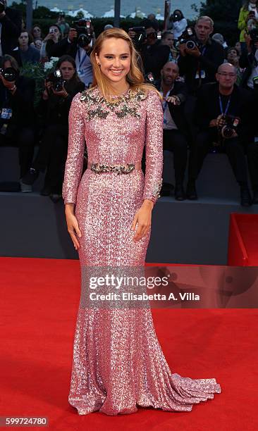 Suki Waterhouse attends the premiere of 'The Bad Batch' during the 73rd Venice Film Festival at Sala Grande on September 6, 2016 in Venice, Italy.