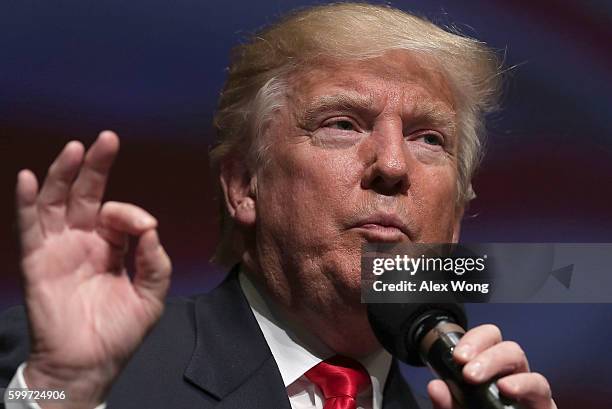 Republican presidential nominee Donald Trump speaks during a campaign event September 6, 2016 in Virginia Beach, Virginia. Trump participated in a...