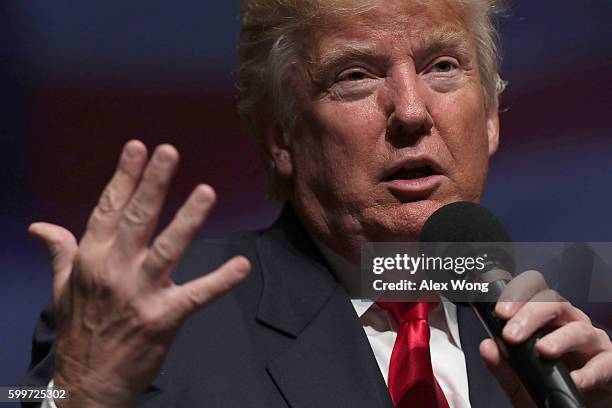 Republican presidential nominee Donald Trump speaks during a campaign event September 6, 2016 in Virginia Beach, Virginia. Trump participated in a...