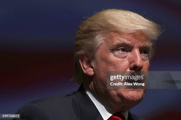 Republican presidential nominee Donald Trump speaks during a campaign event September 6, 2016 in Virginia Beach, Virginia. Trump participated in a...