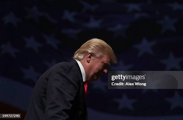 Republican presidential nominee Donald Trump arrives at a campaign event September 6, 2016 in Virginia Beach, Virginia. Trump participated in a...