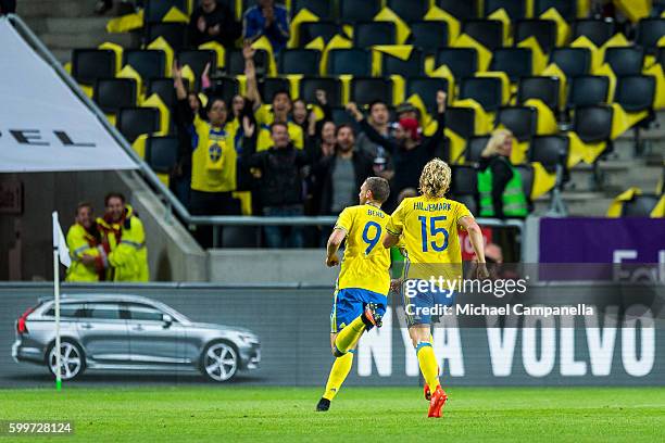 Sweden forward Marcus Berg celebrates scoring the 1-0 goal during the 2018 FIFA World Cup Qualifier match between Sweden and the Netherlands at...