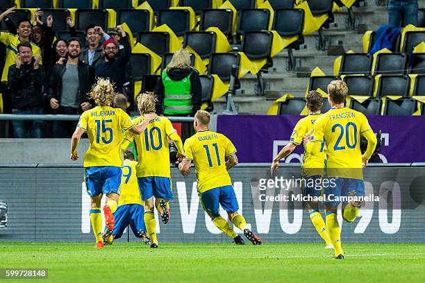 Sweden forward Marcus Berg celebrates scoring the 1-0 goal during the 2018 FIFA World Cup Qualifier match between Sweden and the Netherlands at...