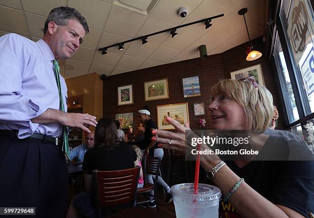 State Rep. Walter Timilty introduces himself to Cathy Collins of Sharon while campaigning for State Senate at Angel's Cafe in Sharon, Mass., Sept. 2,...