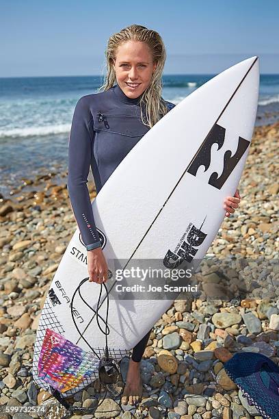 Laura Enever poses for a photo at the 2016 Hurley Pro at Trestles Media Day at San Onofre State Beach on September 6, 2016 in Lower Trestles,...