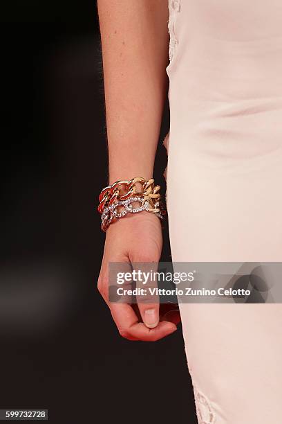 Actress Cristiana Capotondi, detail, attends the premiere of 'Tommaso' during the 73rd Venice Film Festival at Sala Grande on September 6, 2016 in...