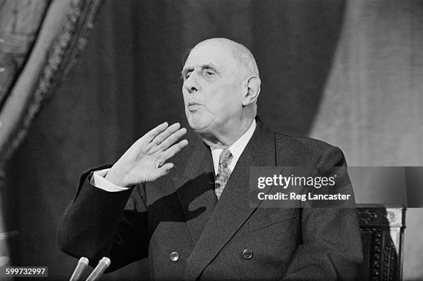 French President Charles de Gaulle speaking in Paris about Britain's entry into the Common Market, 28th November 1967.