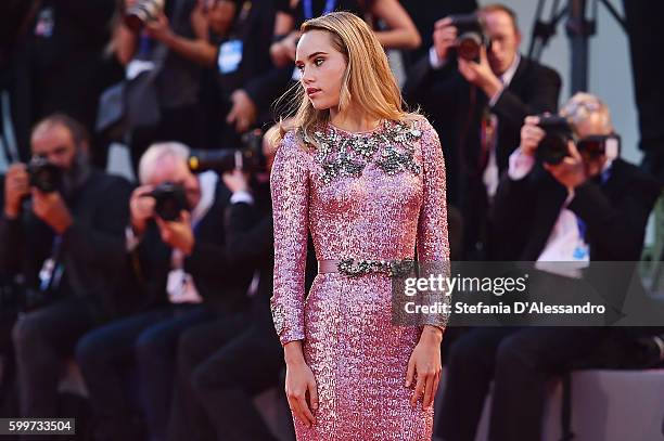 Suki Waterhouse attends the premiere of 'The Bad Batch' during the 73rd Venice Film Festival at Sala Grande on September 6, 2016 in Venice, Italy.