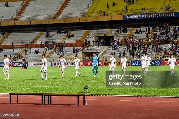 South Korea team players setp out from the playground. The 2018 FIFA World Cup qualifiers football match between South Korea and Syria was a draw...