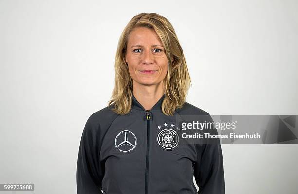 Maika Fischer, team manager of the Germany national U17 team, poses during the team presentation on September 6, 2016 in Jena, Germany.