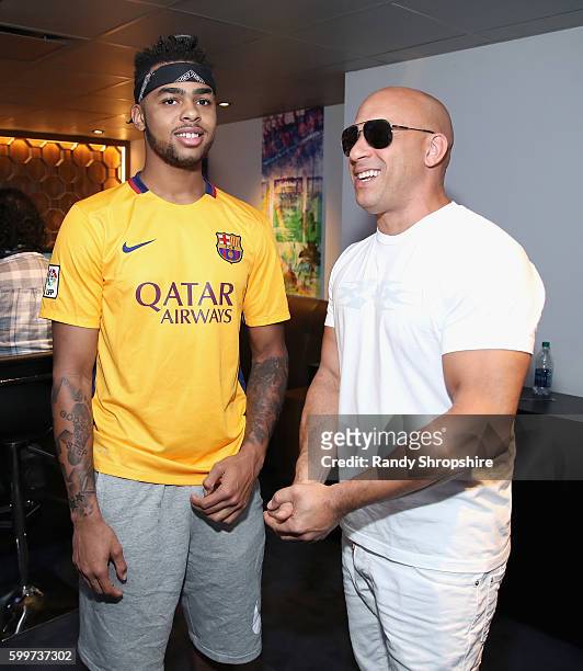 Player D'Angelo Russell and actor Vin Diesel attend The Ultimate Fan Experience, Call Of Duty XP 2016, presented by Activision, at The Forum on...
