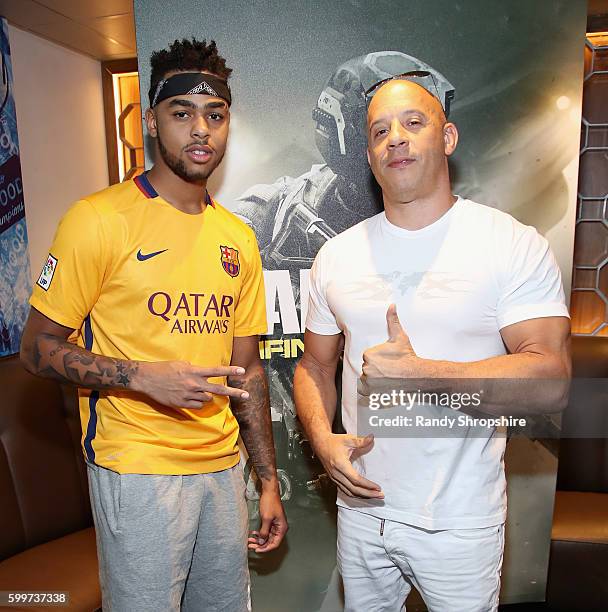 Player D'Angelo Russell and actor Vin Diesel attend The Ultimate Fan Experience, Call Of Duty XP 2016, presented by Activision, at The Forum on...