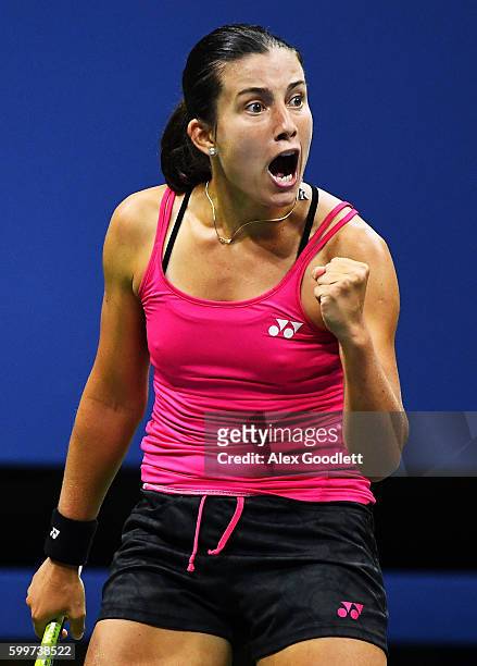 Anastasija Sevastova of Lativa reacts against Caroline Wozniacki of Denmark during their Women's Singles Quarterfinals matchon Day Nine of the 2016...