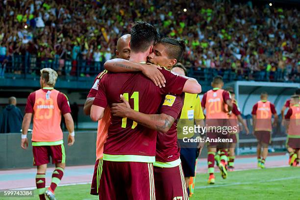 Juan Pablo Añor celebrates with teammates after scoring the first goal of his team during a match between Venezuela and Argentina as part of FIFA...