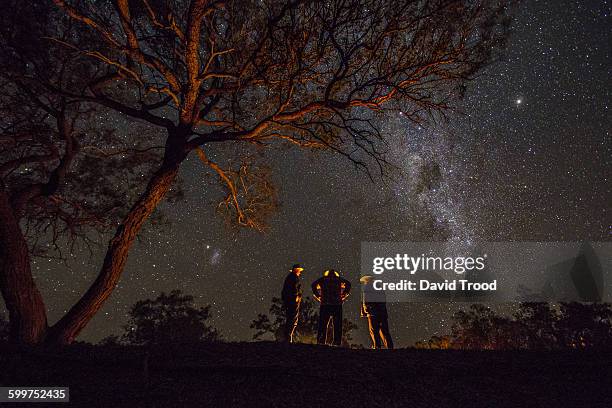 three men standing by a campfire under the milky w - mate stock pictures, royalty-free photos & images