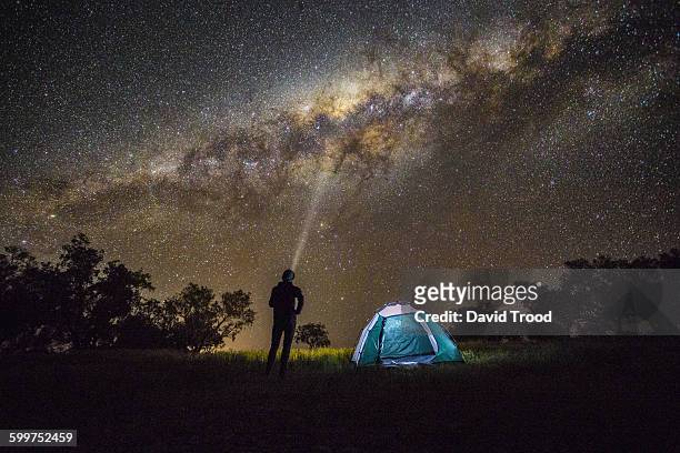 man shining a light into the milky way. - young men camping stock pictures, royalty-free photos & images