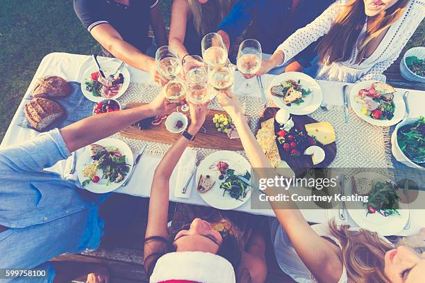 group of people celebrating with santa hats. - friends toasting above table stock pictures, royalty-free photos & images