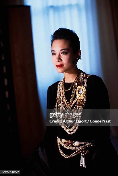 Designer Tina Chow wearing a trompe l'oeil evening dress with stitched necklaces, jeweled belts, and a mix of Chow's own jewelry CREDIT MUST READ:...