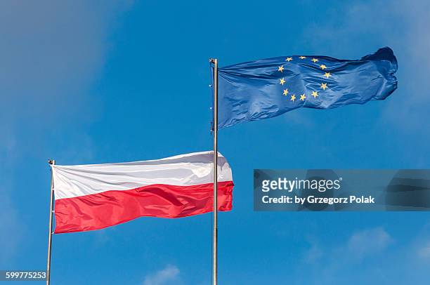 two flags - poland european union stock pictures, royalty-free photos & images