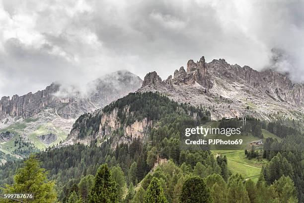 panoramic view of catinaccio and latemar mountains - dolomites italy - catinaccio rosengarten stock pictures, royalty-free photos & images