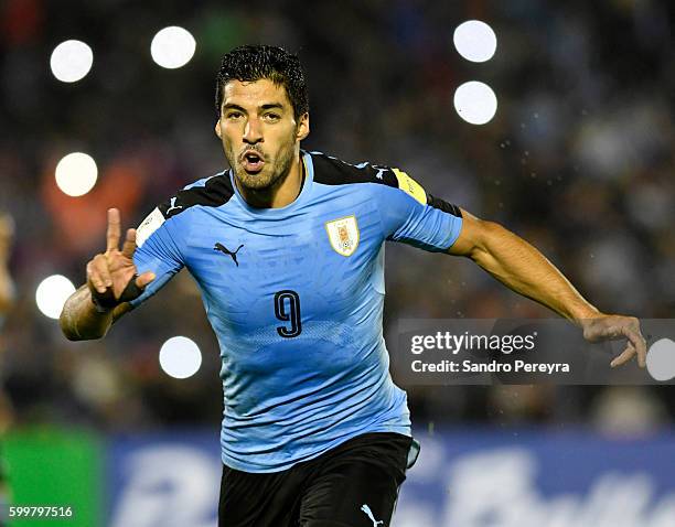 Luis Suarez of Uruguay celebrates after scoring the third goal of his team during a match between Uruguay and Paraguay as part of FIFA 2018 World Cup...