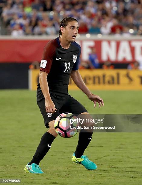 Alejandro Bedoya of the United States attempts a pass during the FIFA 2018 World Cup Qualifier against Trinidad &Tobago at EverBank Field on...