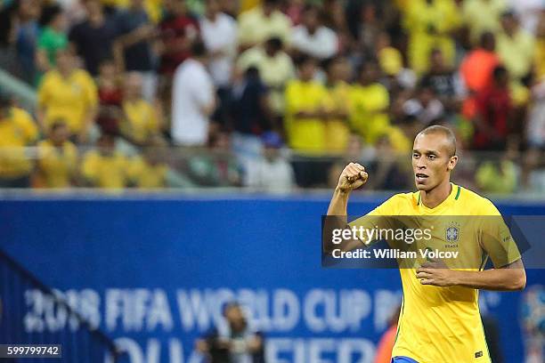 Miranda of Brazil celebrates after scoring during a match between Brazil and Colombia as part of FIFA 2018 World Cup Qualifiers at Arena Amazonia...