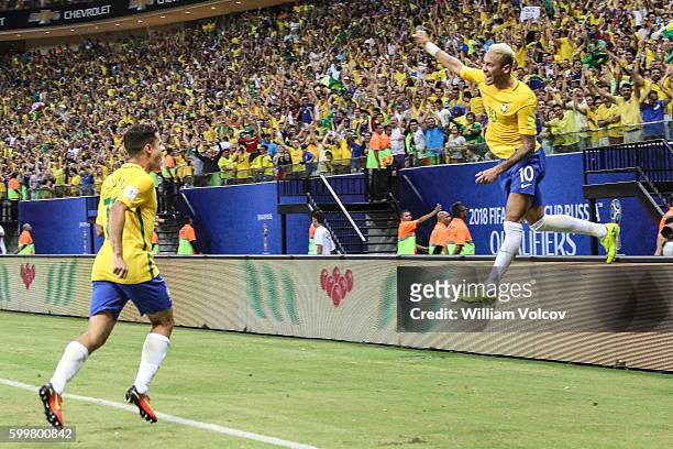 Neymar Jr of Brazil celebrates after scoring the second goal of his team during a match between Brazil and Colombia as part of FIFA 2018 World Cup...