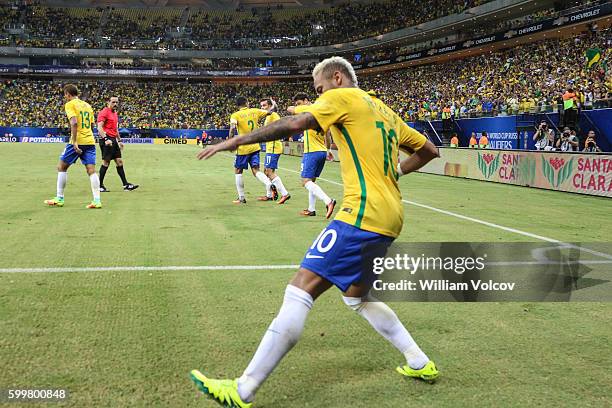 Neymar Jr of Brazil celebrates after scoring the second goal of his team during a match between Brazil and Colombia as part of FIFA 2018 World Cup...