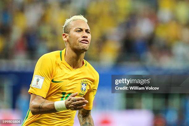 Neymar Jr of Brazil celebrates after soring the second goal of his team during a match between Brazil and Colombia as part of FIFA 2018 World Cup...