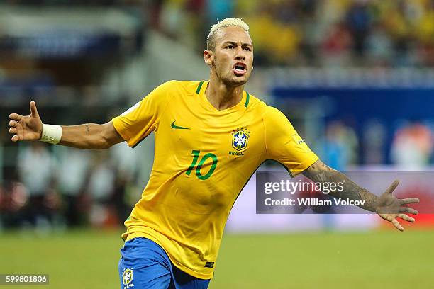 Neymar Jr of Brazil celebrates after soring the second goal of his team during a match between Brazil and Colombia as part of FIFA 2018 World Cup...