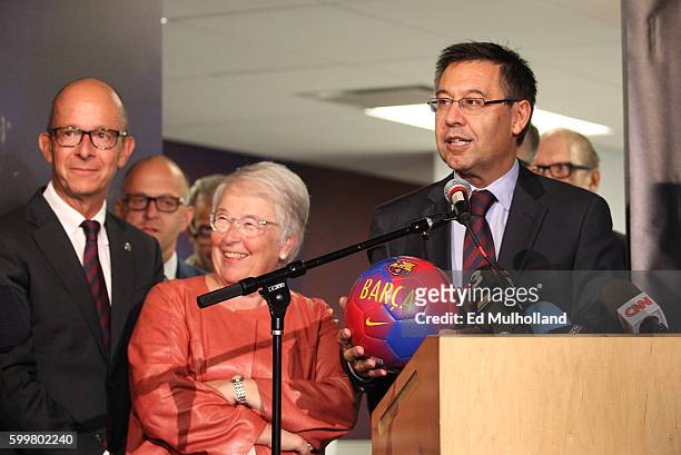 Barcelona President Josep Maria Bartomeu speaks at the opening of their New York Office, its first office in the United States on September 6, 2016...