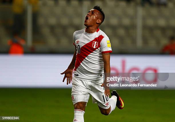 Christian Cueva of Peru celebrates after scoring the opening goal during a match between Peru and Ecuador as part of FIFA 2018 World Cup Qualifiers...