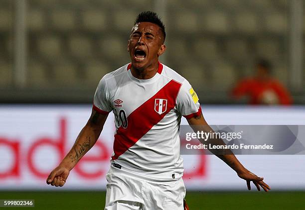 Christian Cueva of Peru celebrates after scoring the opening goal during a match between Peru and Ecuador as part of FIFA 2018 World Cup Qualifiers...