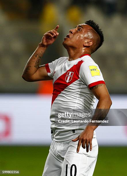 Christian Cueva of Peru celebrates after scoring the opening goal during a match between Peru and Ecuador as part of FIFA 2018 World Cup Qualifiers...