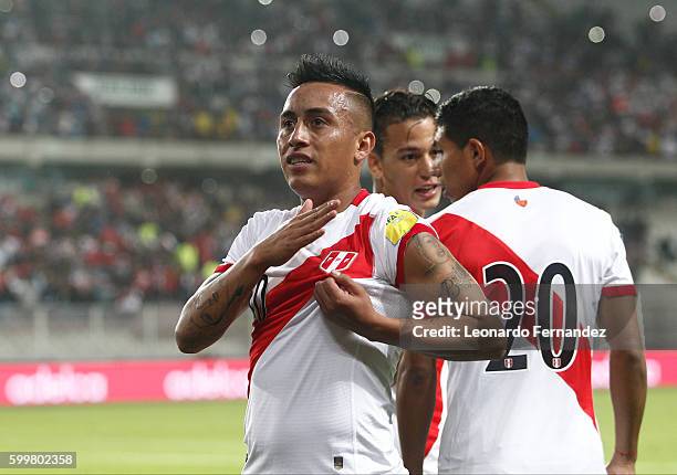 Christian Cueva of Peru celebrates after scoring the opening goal during a match between Peru and Ecuador as part of FIFA 2018 World Cup Qualifiers...