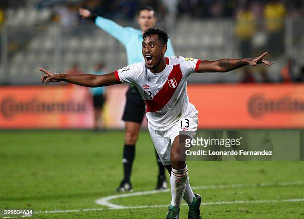 Renato Tapia of Peru celebrates after scoring the second goal of his team during a match between Peru and Ecuador as part of FIFA 2018 World Cup...