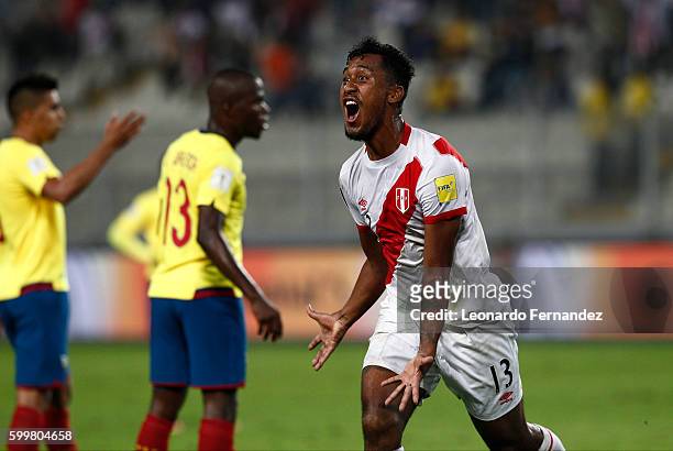 Renato Tapia of Peru celebrates after scoring the second goal of his team during a match between Peru and Ecuador as part of FIFA 2018 World Cup...