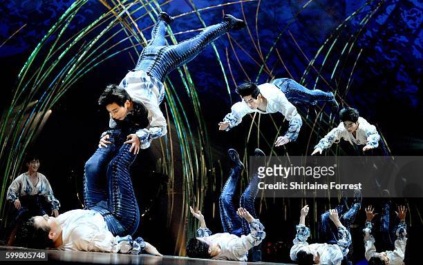 Artists perform at the dress rehearsal for Cirque Du Soleil's "Amaluna" at The Big Top, Intu Trafford Centre on September 6, 2016 in Manchester,...