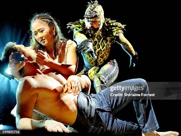 Tuguldursaikhan Nenzen and Evgeny Kurkin perform at the dress rehearsal for Cirque Du Soleil's "Amaluna" at The Big Top, Intu Trafford Centre on...